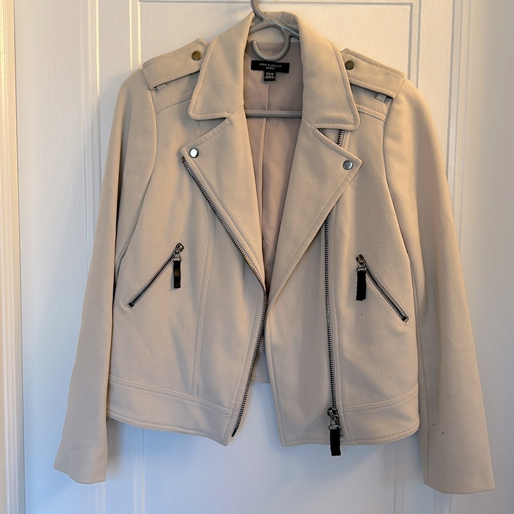 Ann Taylor Petite Moto Jacket Size XS in Off White Color